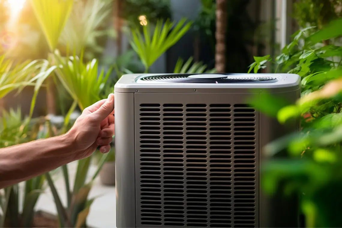 A person is holding the air conditioner unit.